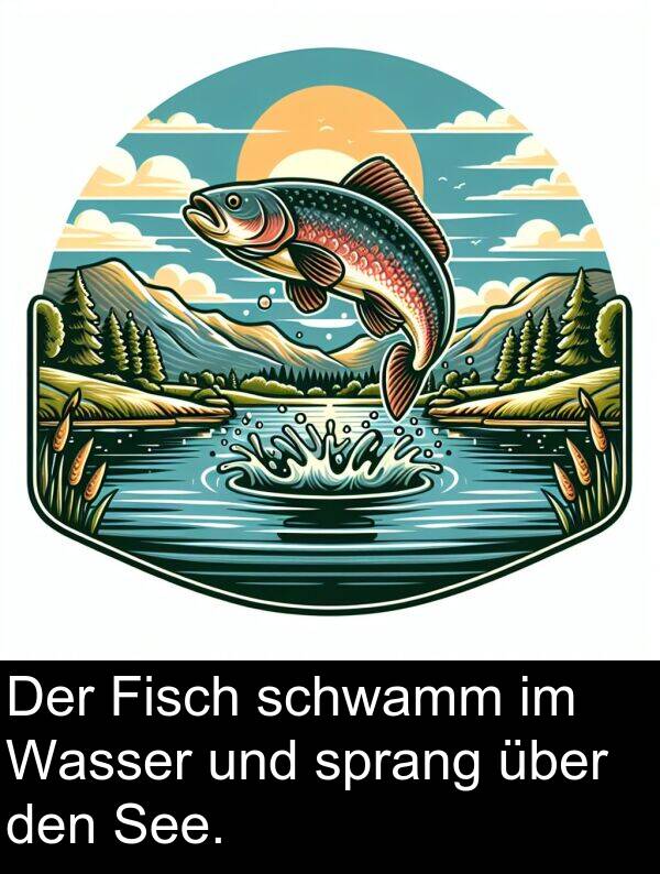 über: Der Fisch schwamm im Wasser und sprang über den See.
