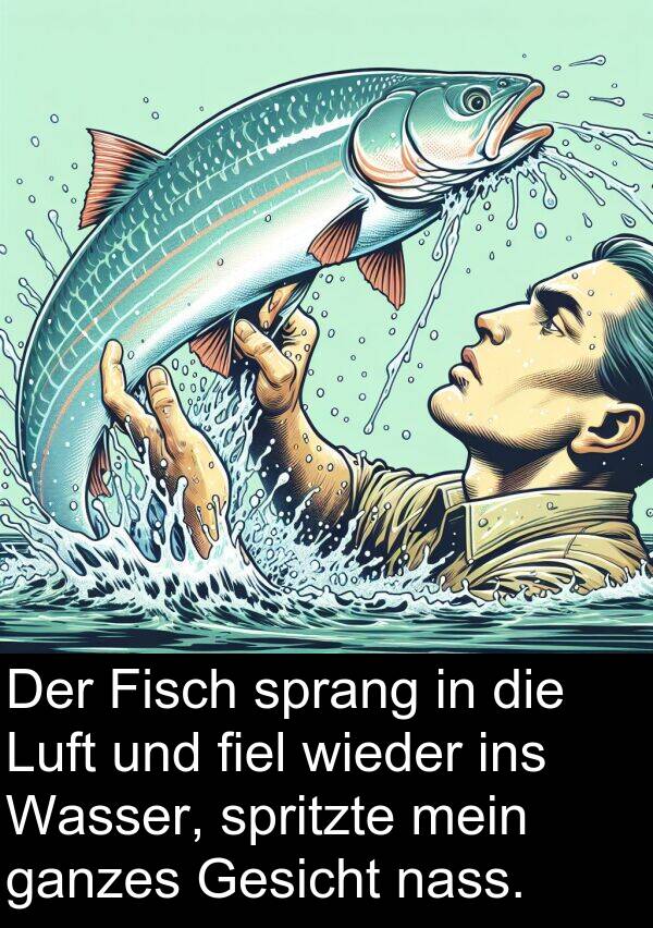 wieder: Der Fisch sprang in die Luft und fiel wieder ins Wasser, spritzte mein ganzes Gesicht nass.