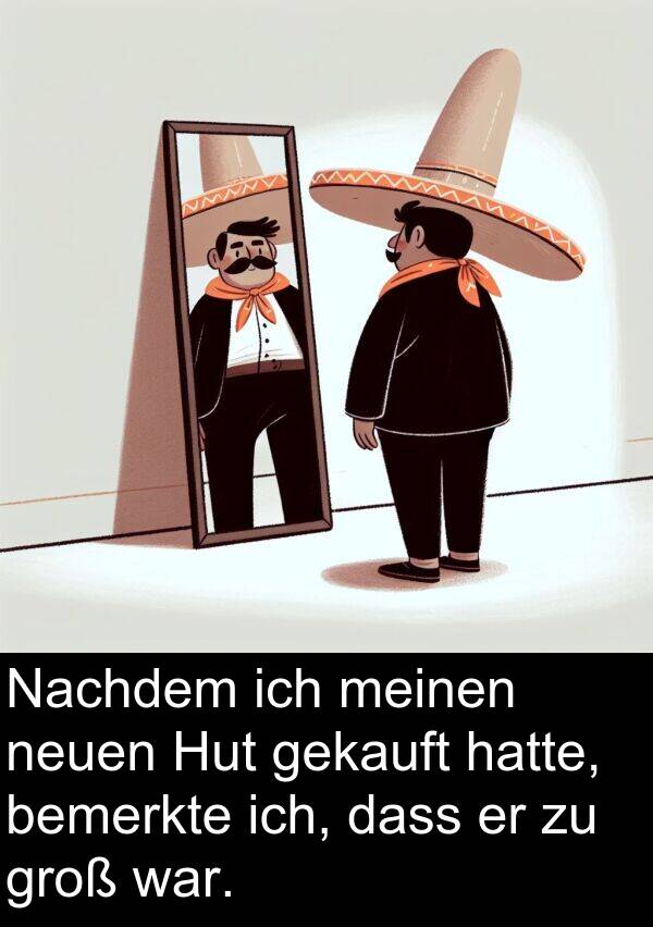 Hut: Nachdem ich meinen neuen Hut gekauft hatte, bemerkte ich, dass er zu groß war.