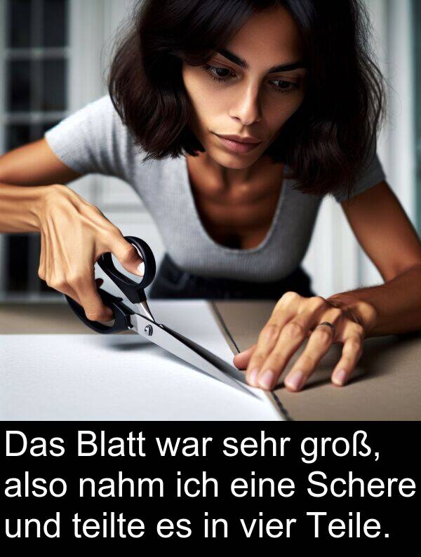 vier: Das Blatt war sehr groß, also nahm ich eine Schere und teilte es in vier Teile.