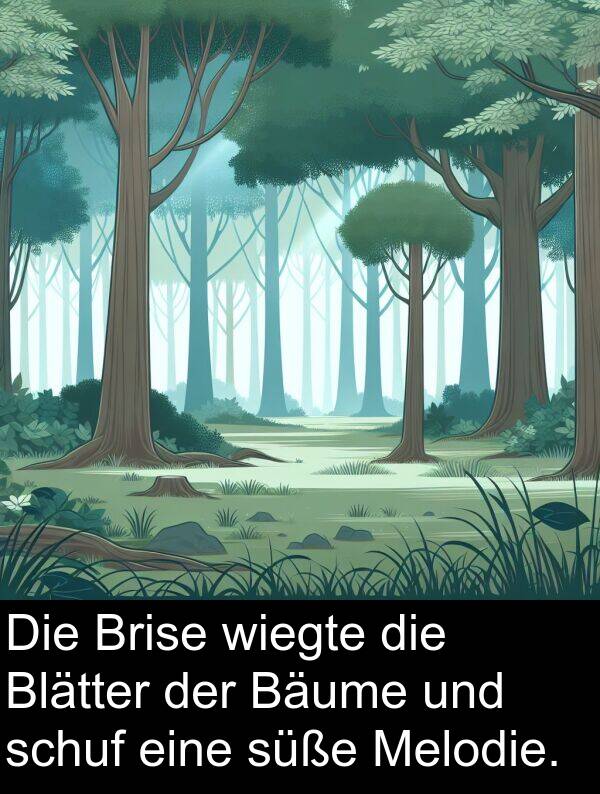 wiegte: Die Brise wiegte die Blätter der Bäume und schuf eine süße Melodie.