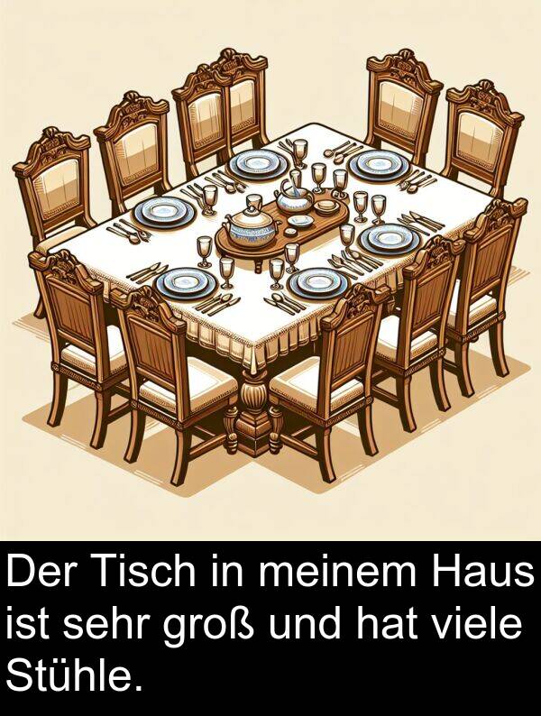 Stühle: Der Tisch in meinem Haus ist sehr groß und hat viele Stühle.