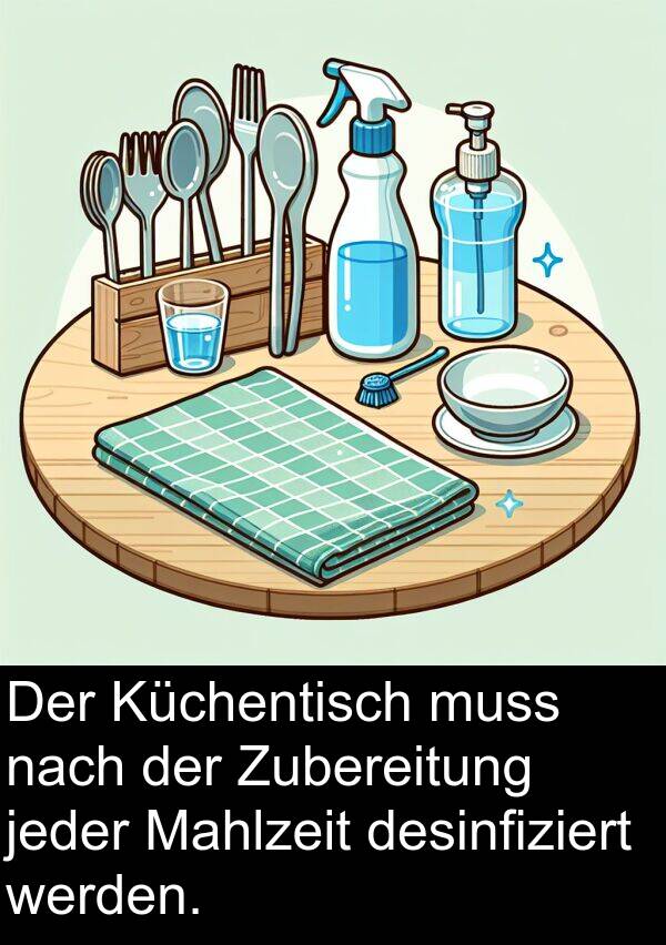 desinfiziert: Der Küchentisch muss nach der Zubereitung jeder Mahlzeit desinfiziert werden.