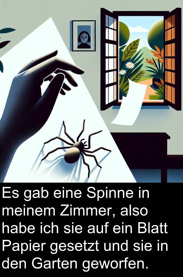 geworfen: Es gab eine Spinne in meinem Zimmer, also habe ich sie auf ein Blatt Papier gesetzt und sie in den Garten geworfen.