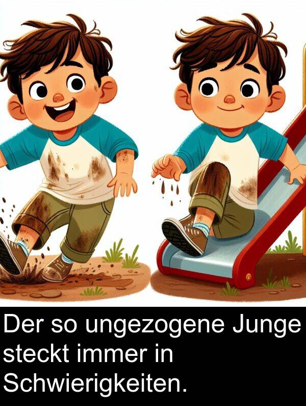 ungezogene: Der so ungezogene Junge steckt immer in Schwierigkeiten.