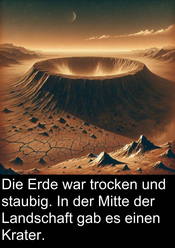Mitte: Die Erde war trocken und staubig. In der Mitte der Landschaft gab es einen Krater.