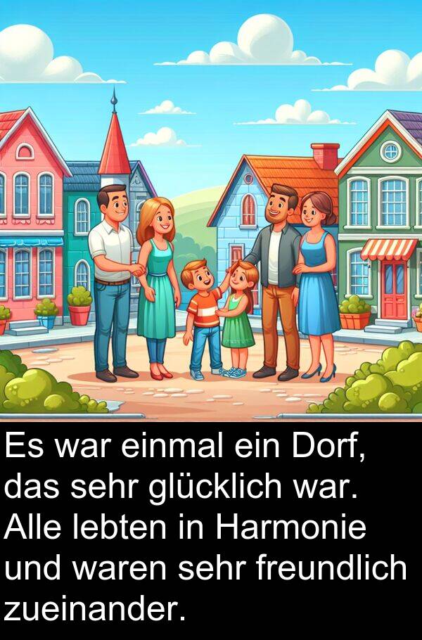 Dorf: Es war einmal ein Dorf, das sehr glücklich war. Alle lebten in Harmonie und waren sehr freundlich zueinander.