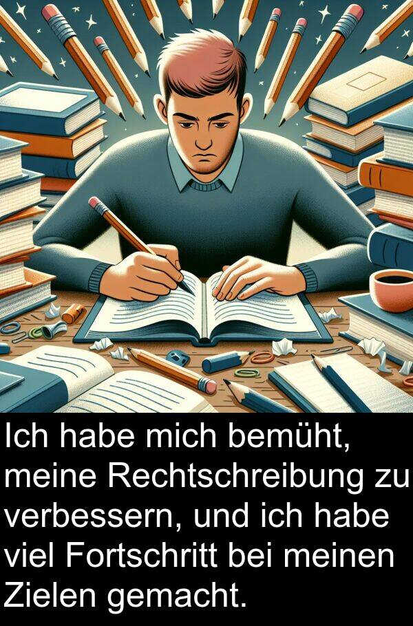 Fortschritt: Ich habe mich bemüht, meine Rechtschreibung zu verbessern, und ich habe viel Fortschritt bei meinen Zielen gemacht.