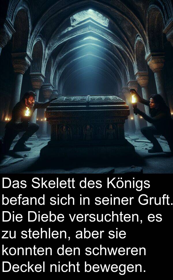 Deckel: Das Skelett des Königs befand sich in seiner Gruft. Die Diebe versuchten, es zu stehlen, aber sie konnten den schweren Deckel nicht bewegen.