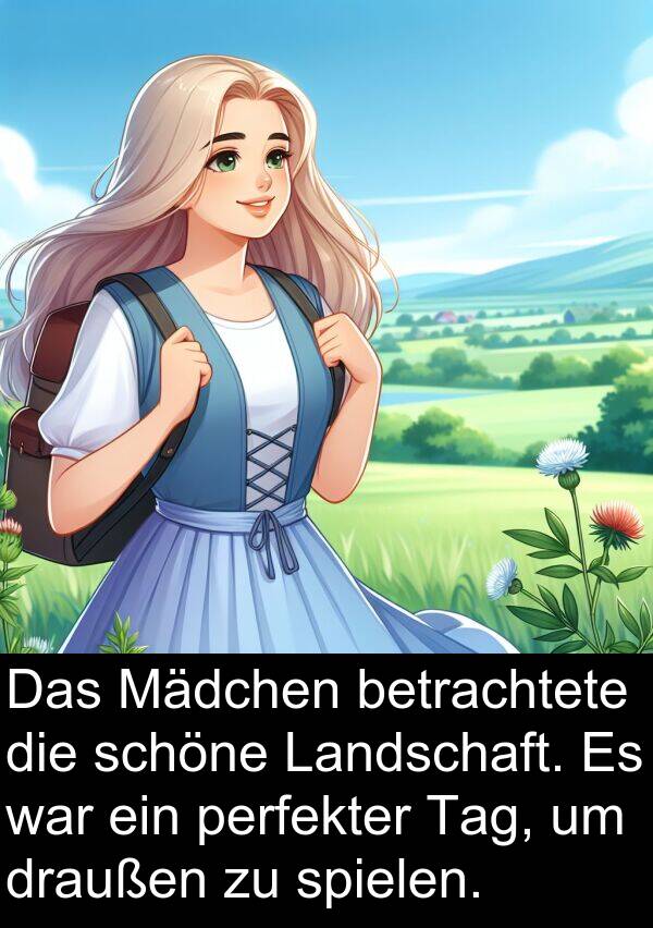 draußen: Das Mädchen betrachtete die schöne Landschaft. Es war ein perfekter Tag, um draußen zu spielen.