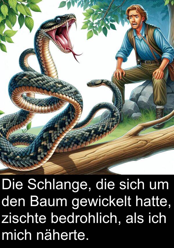 bedrohlich: Die Schlange, die sich um den Baum gewickelt hatte, zischte bedrohlich, als ich mich näherte.