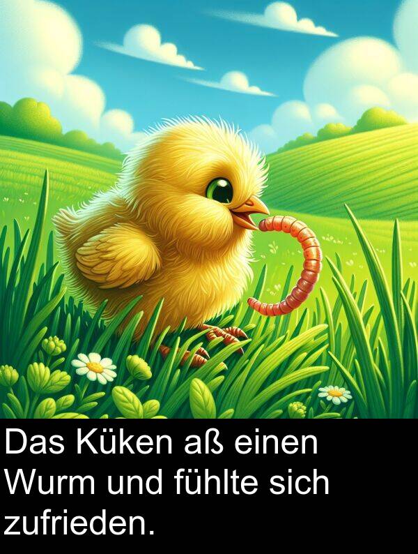 fühlte: Das Küken aß einen Wurm und fühlte sich zufrieden.
