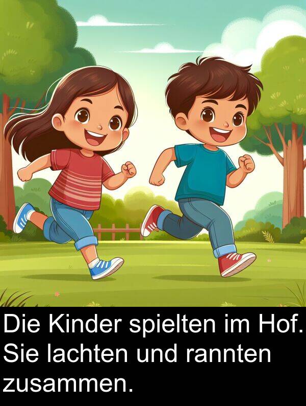 rannten: Die Kinder spielten im Hof. Sie lachten und rannten zusammen.