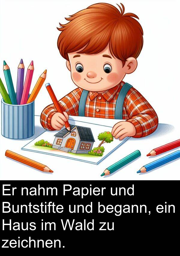 Wald: Er nahm Papier und Buntstifte und begann, ein Haus im Wald zu zeichnen.