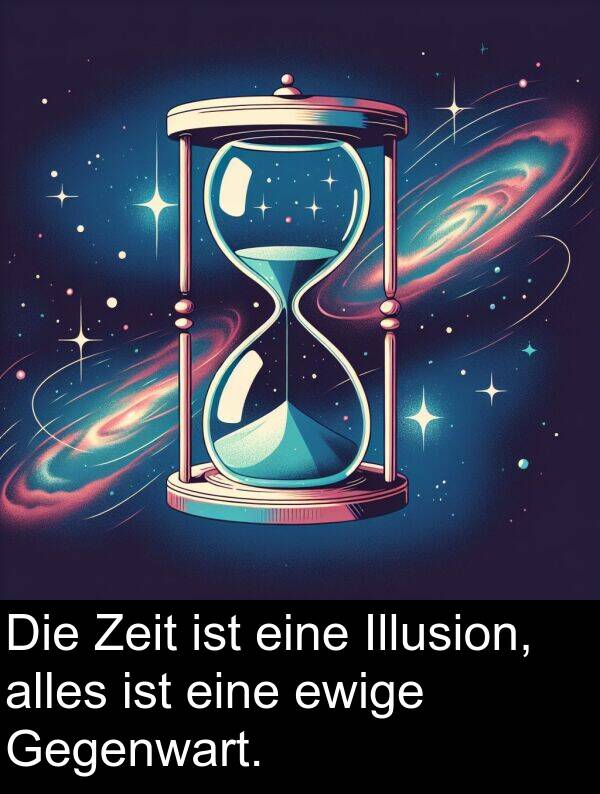 Zeit: Die Zeit ist eine Illusion, alles ist eine ewige Gegenwart.