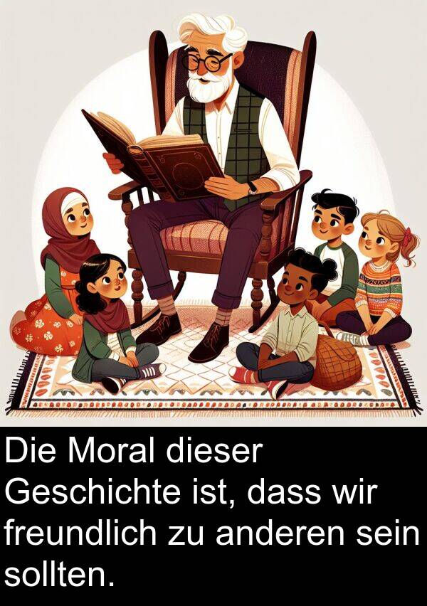 sollten: Die Moral dieser Geschichte ist, dass wir freundlich zu anderen sein sollten.