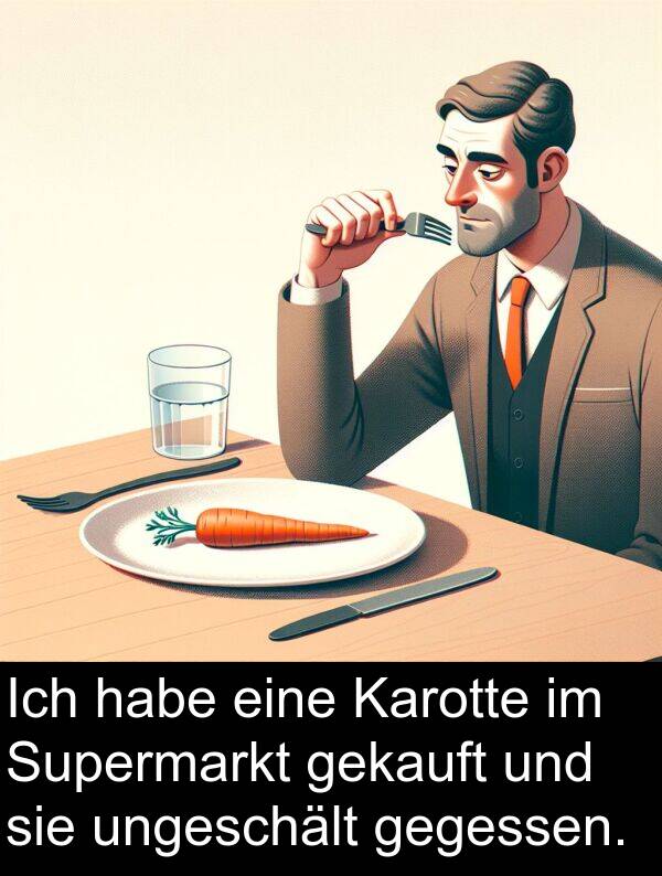 Supermarkt: Ich habe eine Karotte im Supermarkt gekauft und sie ungeschält gegessen.