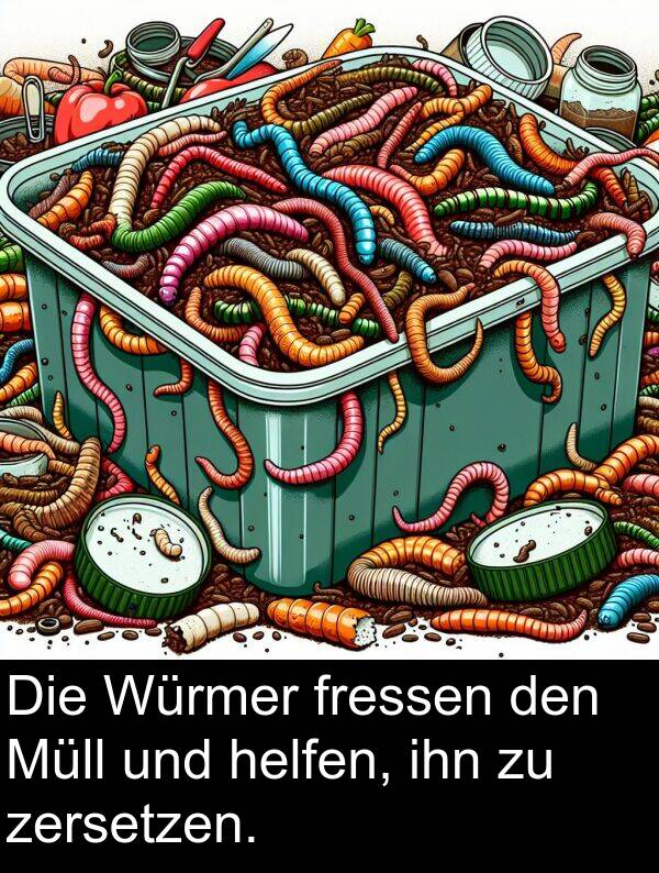 fressen: Die Würmer fressen den Müll und helfen, ihn zu zersetzen.