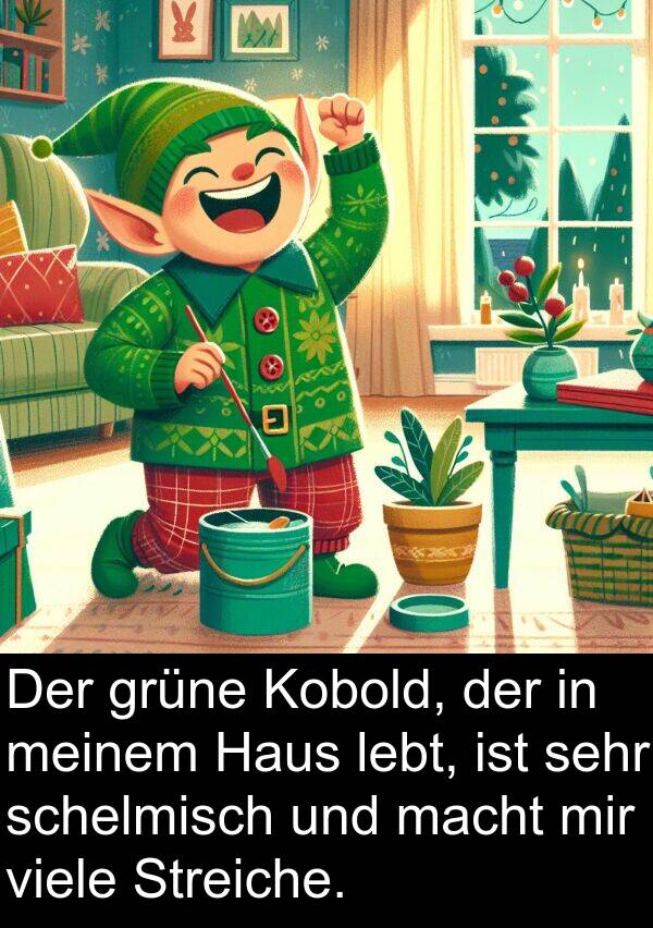 macht: Der grüne Kobold, der in meinem Haus lebt, ist sehr schelmisch und macht mir viele Streiche.