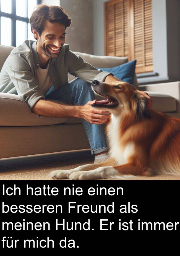 da: Ich hatte nie einen besseren Freund als meinen Hund. Er ist immer für mich da.