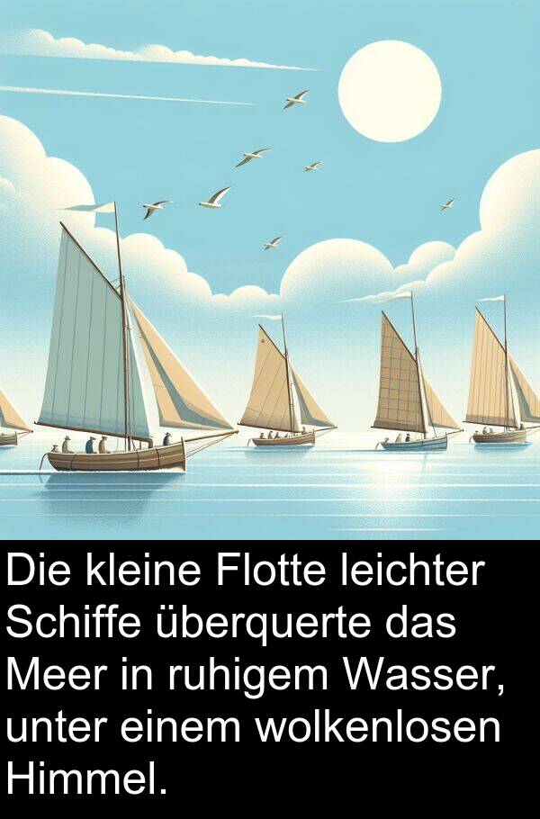 unter: Die kleine Flotte leichter Schiffe überquerte das Meer in ruhigem Wasser, unter einem wolkenlosen Himmel.