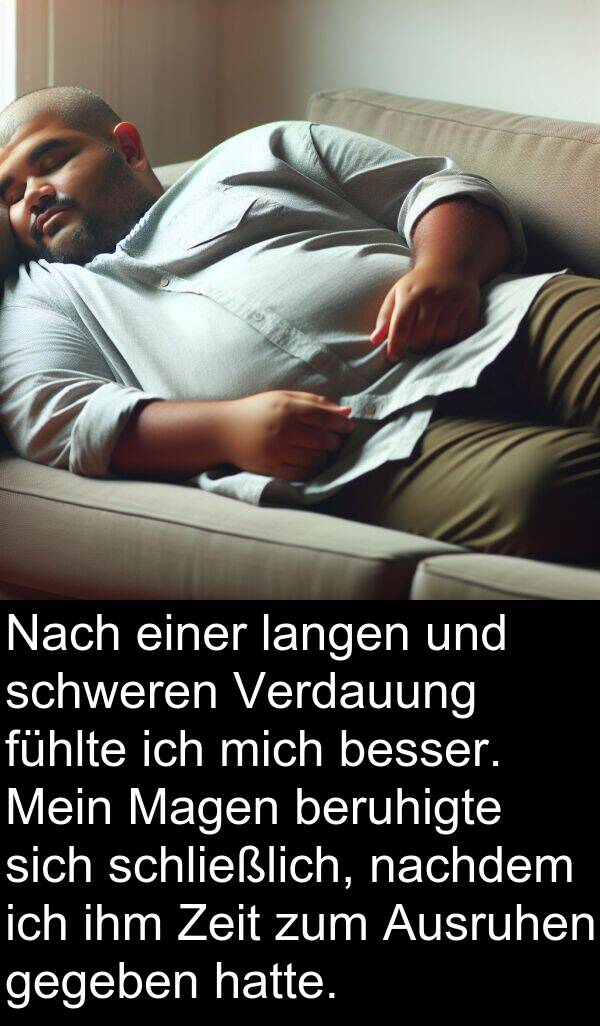 Magen: Nach einer langen und schweren Verdauung fühlte ich mich besser. Mein Magen beruhigte sich schließlich, nachdem ich ihm Zeit zum Ausruhen gegeben hatte.