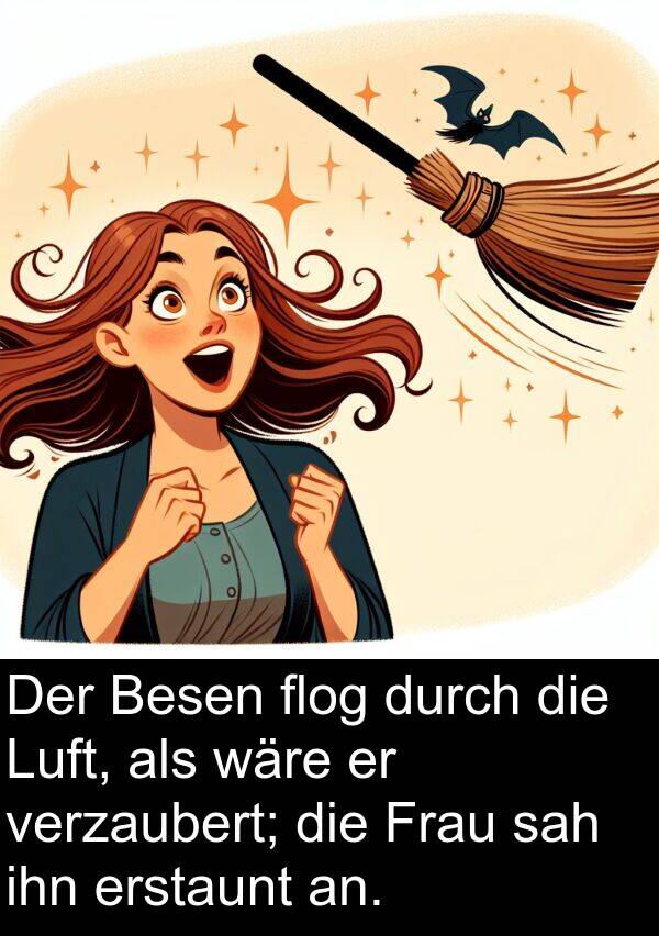Frau: Der Besen flog durch die Luft, als wäre er verzaubert; die Frau sah ihn erstaunt an.