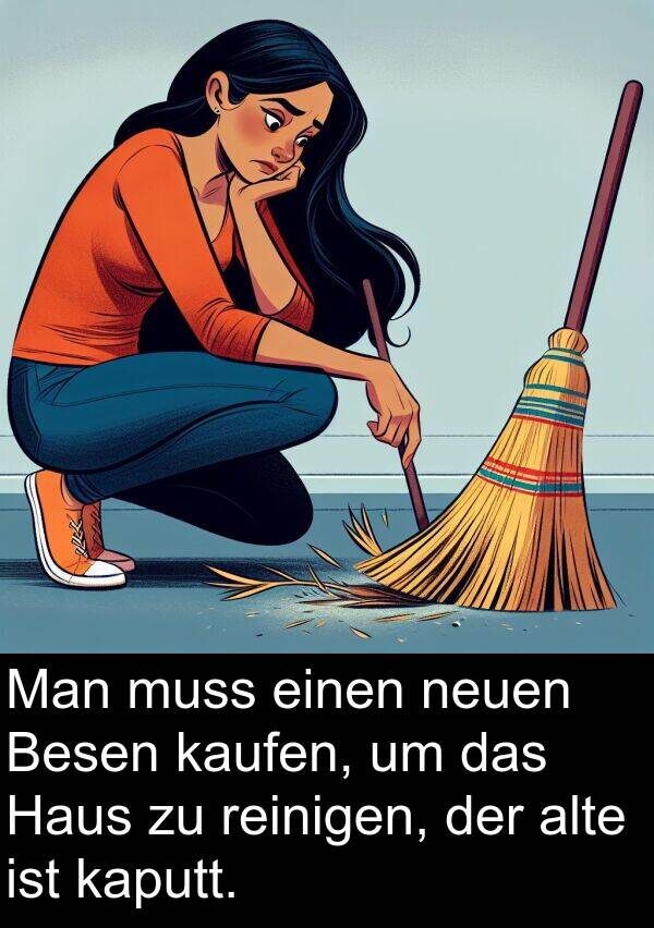 Man: Man muss einen neuen Besen kaufen, um das Haus zu reinigen, der alte ist kaputt.