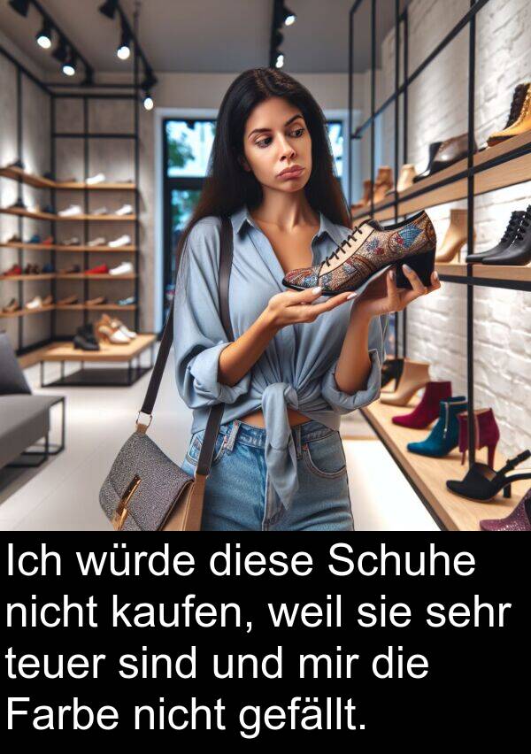 Farbe: Ich würde diese Schuhe nicht kaufen, weil sie sehr teuer sind und mir die Farbe nicht gefällt.