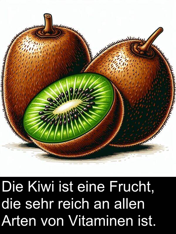 Frucht: Die Kiwi ist eine Frucht, die sehr reich an allen Arten von Vitaminen ist.