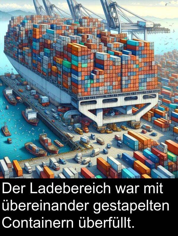 übereinander: Der Ladebereich war mit übereinander gestapelten Containern überfüllt.