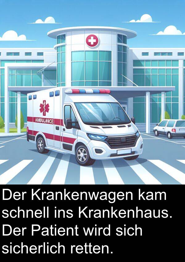 retten: Der Krankenwagen kam schnell ins Krankenhaus. Der Patient wird sich sicherlich retten.