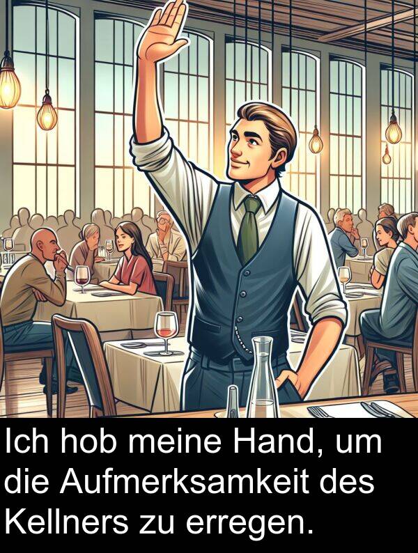 hob: Ich hob meine Hand, um die Aufmerksamkeit des Kellners zu erregen.