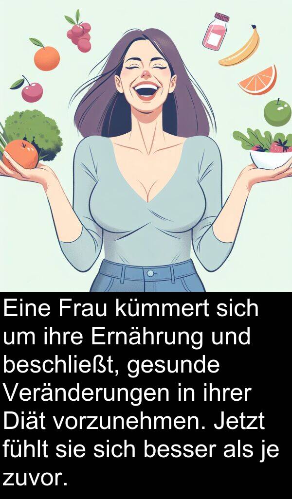 Jetzt: Eine Frau kümmert sich um ihre Ernährung und beschließt, gesunde Veränderungen in ihrer Diät vorzunehmen. Jetzt fühlt sie sich besser als je zuvor.