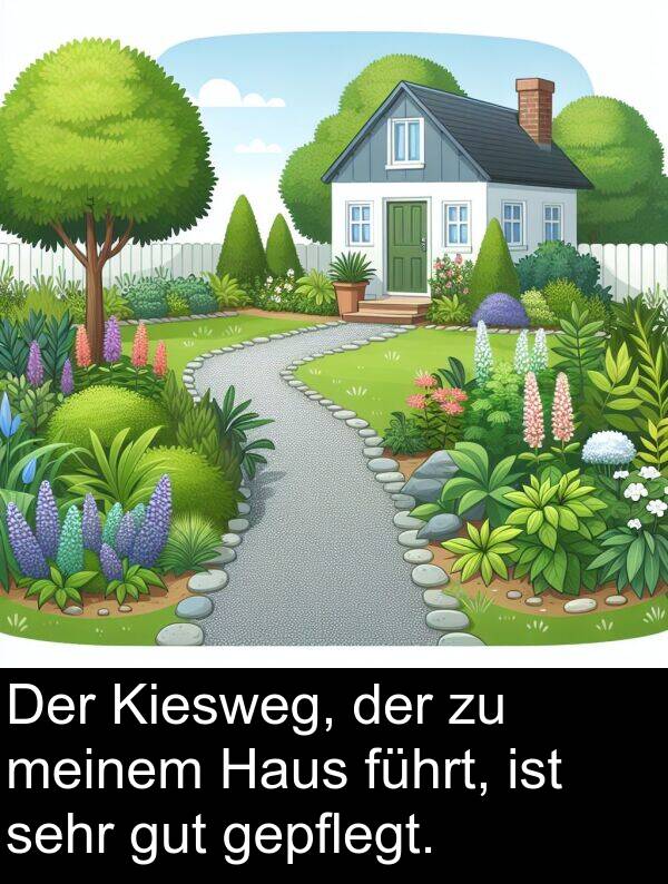führt: Der Kiesweg, der zu meinem Haus führt, ist sehr gut gepflegt.