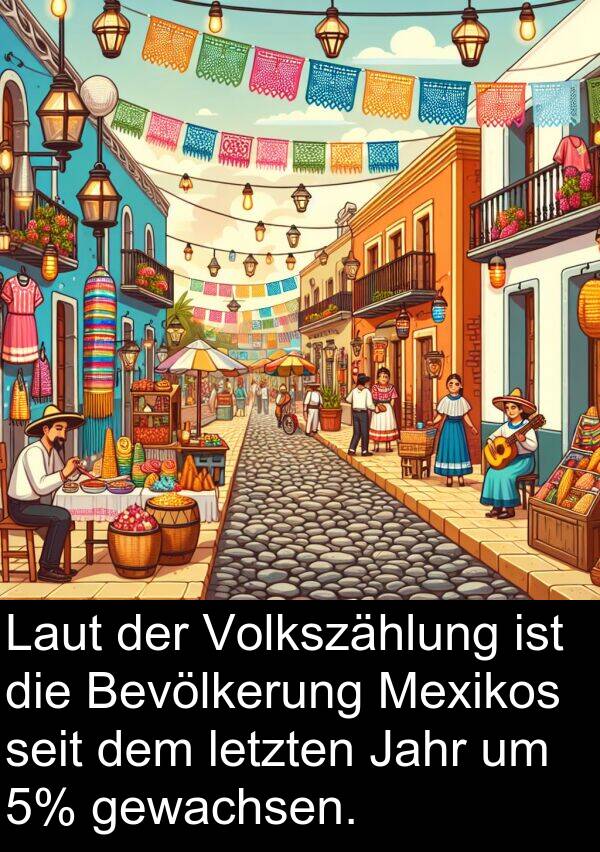 Jahr: Laut der Volkszählung ist die Bevölkerung Mexikos seit dem letzten Jahr um 5% gewachsen.