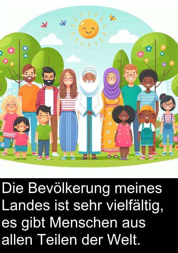 allen: Die Bevölkerung meines Landes ist sehr vielfältig, es gibt Menschen aus allen Teilen der Welt.