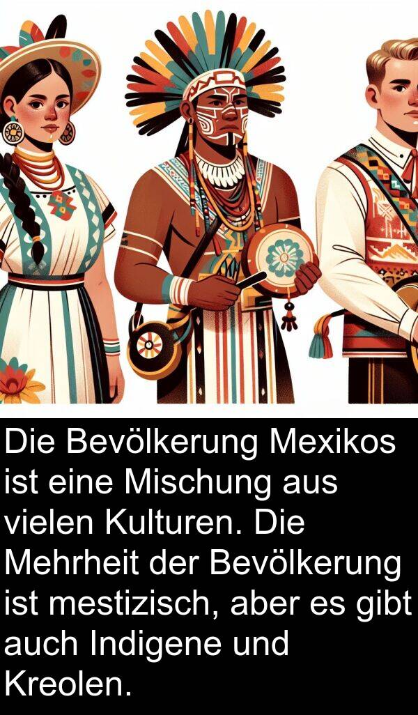 mestizisch: Die Bevölkerung Mexikos ist eine Mischung aus vielen Kulturen. Die Mehrheit der Bevölkerung ist mestizisch, aber es gibt auch Indigene und Kreolen.