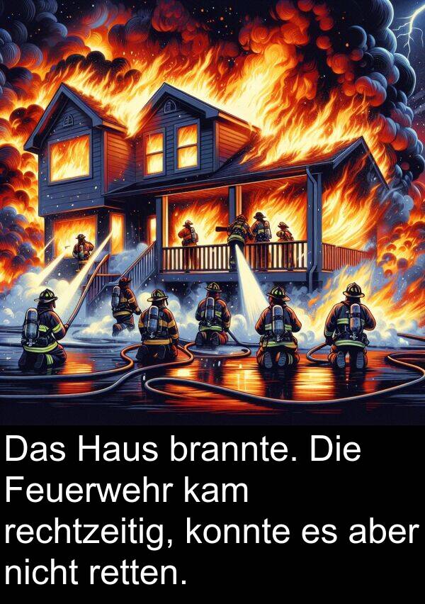 rechtzeitig: Das Haus brannte. Die Feuerwehr kam rechtzeitig, konnte es aber nicht retten.