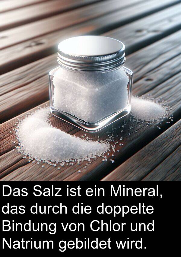 doppelte: Das Salz ist ein Mineral, das durch die doppelte Bindung von Chlor und Natrium gebildet wird.