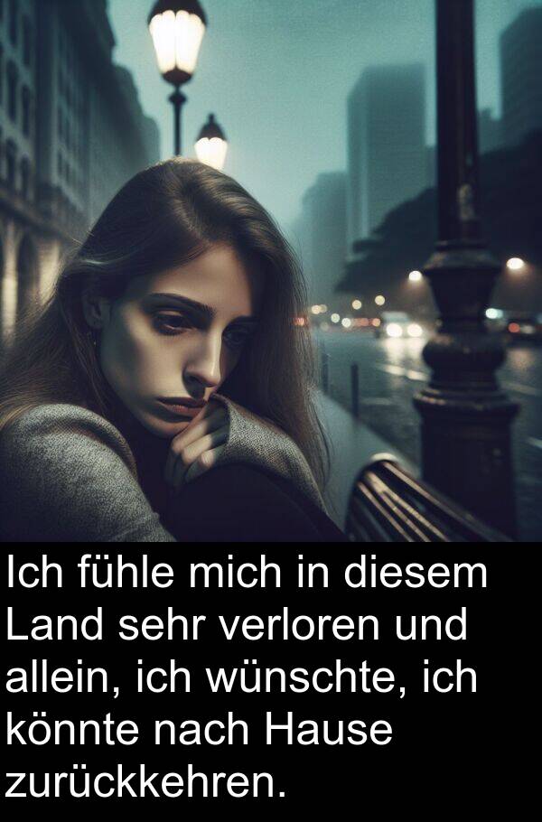 fühle: Ich fühle mich in diesem Land sehr verloren und allein, ich wünschte, ich könnte nach Hause zurückkehren.