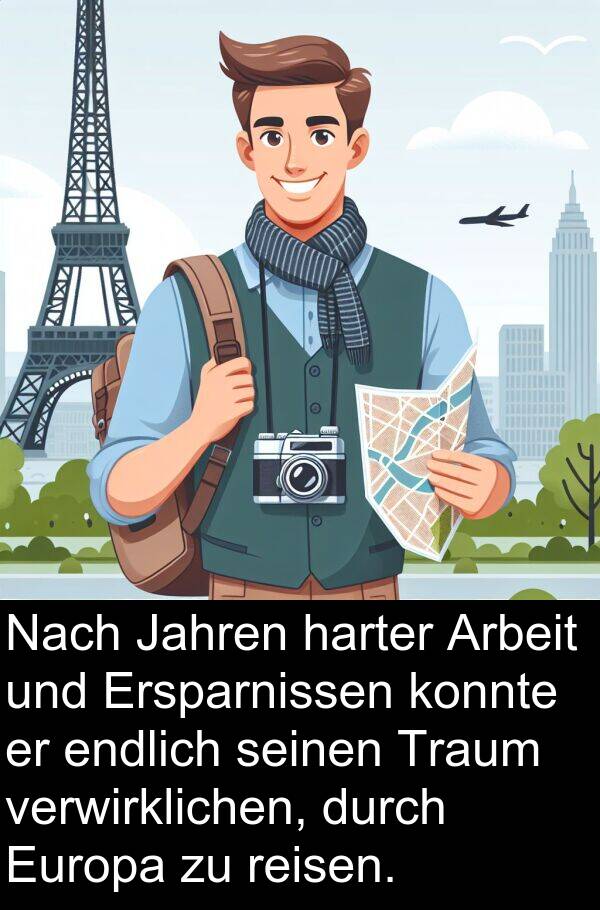 Jahren: Nach Jahren harter Arbeit und Ersparnissen konnte er endlich seinen Traum verwirklichen, durch Europa zu reisen.