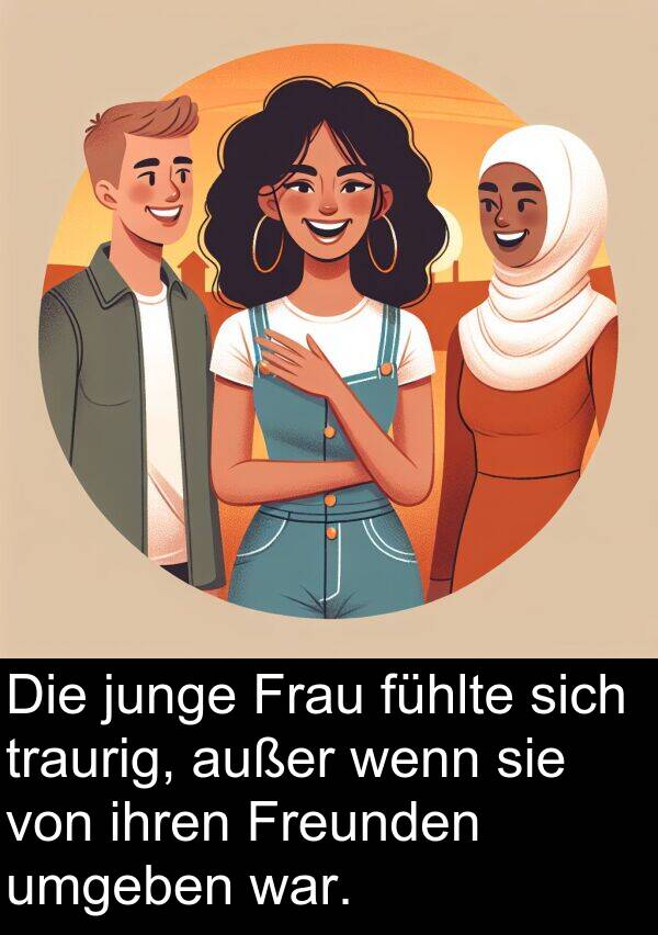 Frau: Die junge Frau fühlte sich traurig, außer wenn sie von ihren Freunden umgeben war.
