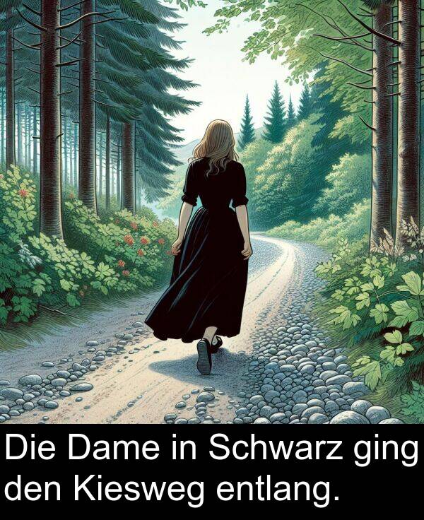 Dame: Die Dame in Schwarz ging den Kiesweg entlang.