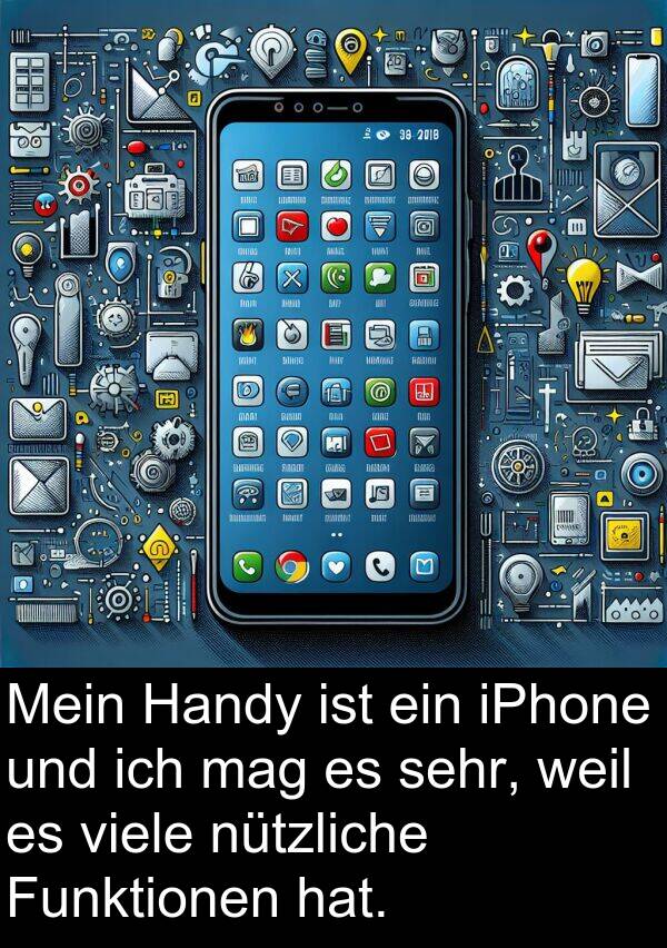 Funktionen: Mein Handy ist ein iPhone und ich mag es sehr, weil es viele nützliche Funktionen hat.