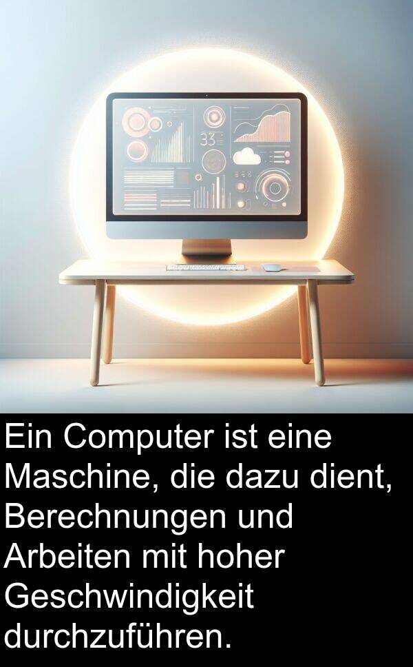 dazu: Ein Computer ist eine Maschine, die dazu dient, Berechnungen und Arbeiten mit hoher Geschwindigkeit durchzuführen.