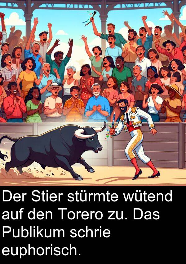 Publikum: Der Stier stürmte wütend auf den Torero zu. Das Publikum schrie euphorisch.