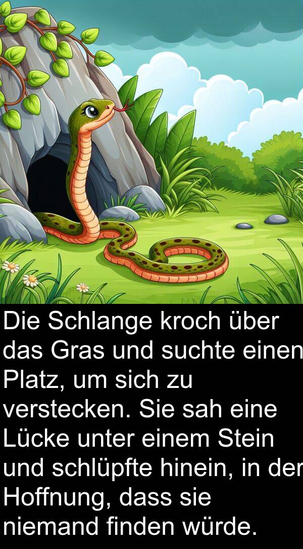 verstecken: Die Schlange kroch über das Gras und suchte einen Platz, um sich zu verstecken. Sie sah eine Lücke unter einem Stein und schlüpfte hinein, in der Hoffnung, dass sie niemand finden würde.