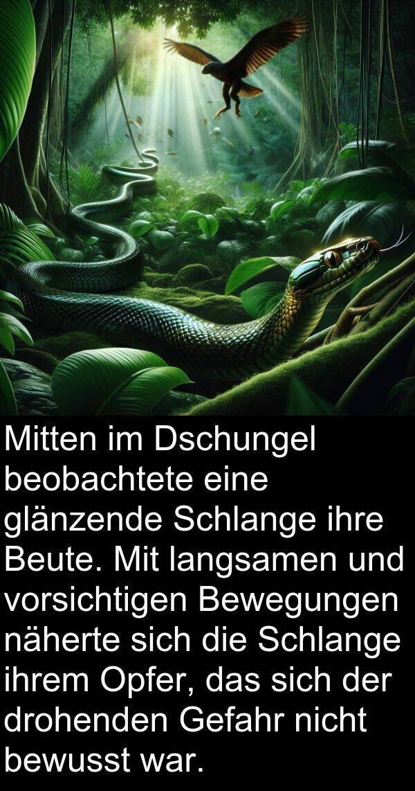 langsamen: Mitten im Dschungel beobachtete eine glänzende Schlange ihre Beute. Mit langsamen und vorsichtigen Bewegungen näherte sich die Schlange ihrem Opfer, das sich der drohenden Gefahr nicht bewusst war.