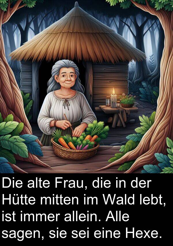 Wald: Die alte Frau, die in der Hütte mitten im Wald lebt, ist immer allein. Alle sagen, sie sei eine Hexe.